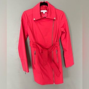 Womens XS Hot Pink Fuchsia Trench Coat Rain Jacket Belted, Asymmetrical Zipper